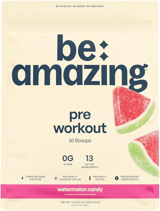 Be Amazing Pre-Workout Powder | Vegan Energy Booster Powdered Drink with All-Natural Caffeine, No Crash, No Jitters Gluten-Free Supplement with Adaptogens | Watermelon Candy, 30 Scoops