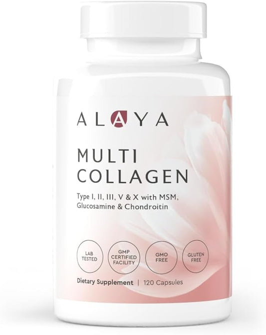 Alaya Naturals Hydrolyzed Multi Collagen Peptides Protein Capsules - Type I, II, III, V, X Grass-Fed Bovine, Chicken, Marine Collagen Supplement with MSM + GC (Capsules - 120 Count)