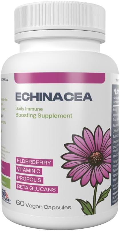 Echinacea Immune Support Supplement, Infused with Elderberry, Vitamin C, Propolis and Beta Glucans, Immune Booster Vitamins and Supplements for Adults, 60 Vegan Echinacea Capsules