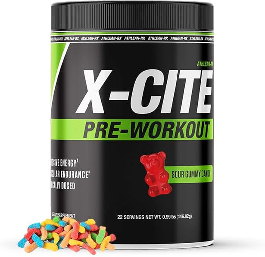 X-CITE Pre-Workout by ATHLEAN-X - Enhanced Formula with Beta-Alanine, Creatine & Caffeine for Ultimate Energy, Endurance, Focus & Muscle Pump, NSF Certified (22 Servings, Sour Gummy Bear)