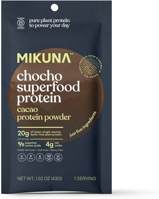 Mikuna Chocho Superfood Protein, Plant-Based Protein Powder - Vegan, Gluten Free, 3g Net Carbs or Less, and Bioavailable, Non-Isolate (8 Servings, Cacao)