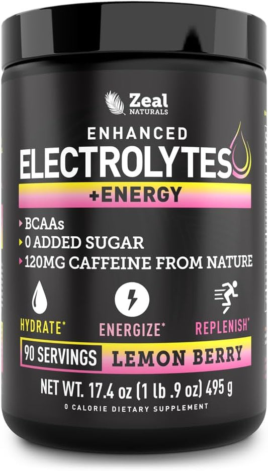 Pre-Workout Electrolyte + Energy Powder Drink Mix (90 Servings | Lemon Berry) w/ 0 Sugar +BCAAs +B-Vitamins Electrolyte Supplement w Potassium Zinc & Magnesium for Hydration - Keto Electrolytes