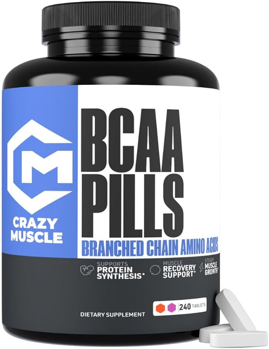 Crazy Muscle 3000mg BCAA Pills (2 Month Supply) with The Optimum 2:1:1 Ratio of Branched Chain Amino Acids for Recovery and Growth - 1000mg BCAAs per Pill (More Than BCAA Capsules) - 240 Tablets