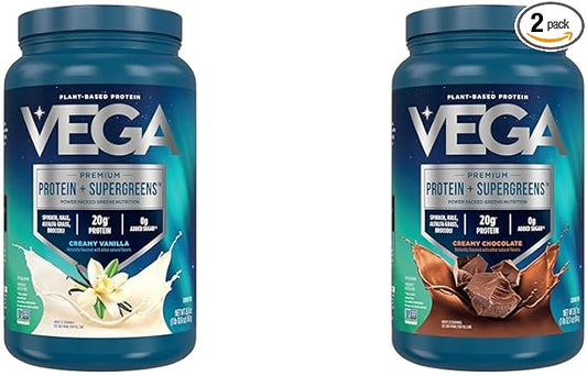 Vega Protein & Greens Bundle, Chocolate + Vanilla (25 Servings Each) - Plant Based Protein Powder, Keto-Friendly, Gluten Free, Non Dairy, Vegan, Non Soy, Non GMO, Lactose Free