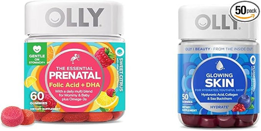 OLLY The Essential Prenatal Gummy Multivitamin, 30 Day Supply (Gummies), Sweet & Glowing Skin Gummy, 25 Day Supply (50 Count), Plump Berry, Hyaluronic Acid, Collagen
