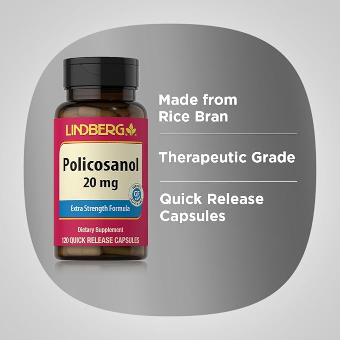 Lindberg Policosanol 20mg | 120 Capsules | Extra Strength Formula | Non GMO, Gluten Free Supplement