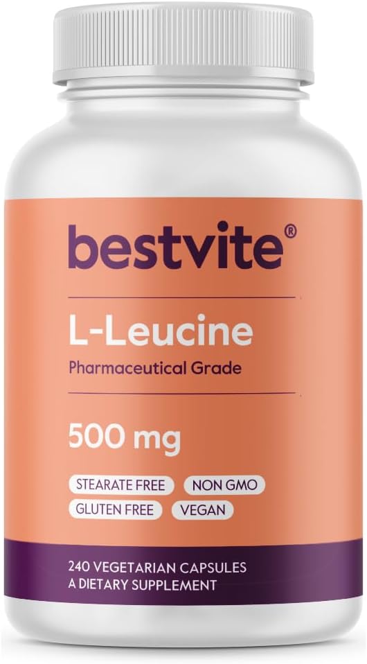 BESTVITE L-Leucine 500mg per Capsule (240 Vegetarian Capsules) - No Stearates - No Fillers - No Flow Agents - Vegan - Non GMO - Gluten Free