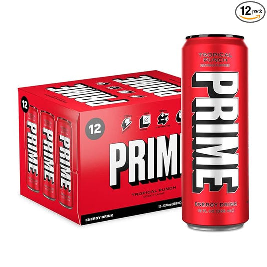 PRIME Energy TROPICAL PUNCH | Zero Sugar Energy Drink | Preworkout Energy | 200mg Caffeine with 355mg of Electrolytes and Coconut Water for Hydration| Vegan | Gluten Free |12 Fluid Ounce | 12 Pack