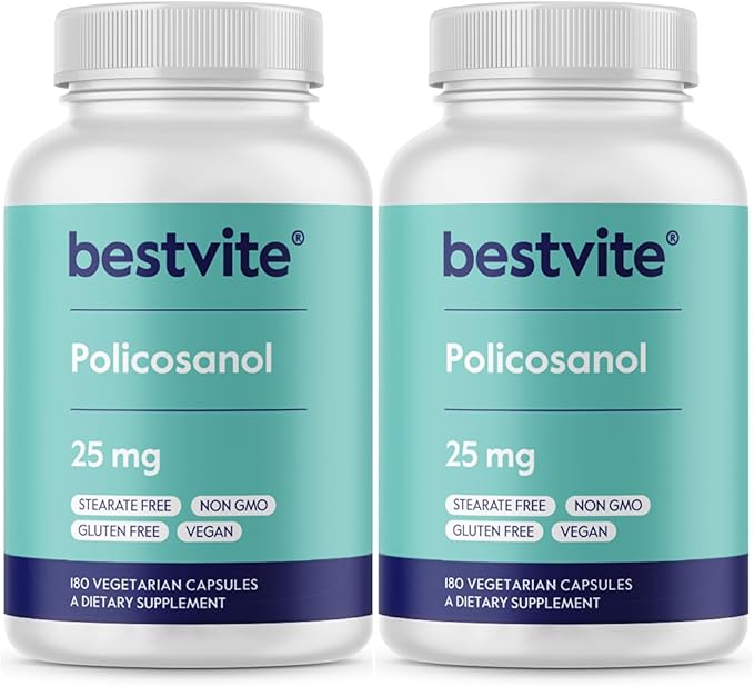 BESTVITE Policosanol 25mg (360 Vegetarian Capsules) (180 x 2) - No Stearates - No Flow Agents - Vegan - Non GMO - Gluten Free