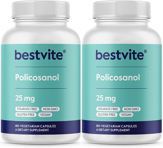 BESTVITE Policosanol 25mg (360 Vegetarian Capsules) (180 x 2) - No Stearates - No Flow Agents - Vegan - Non GMO - Gluten Free