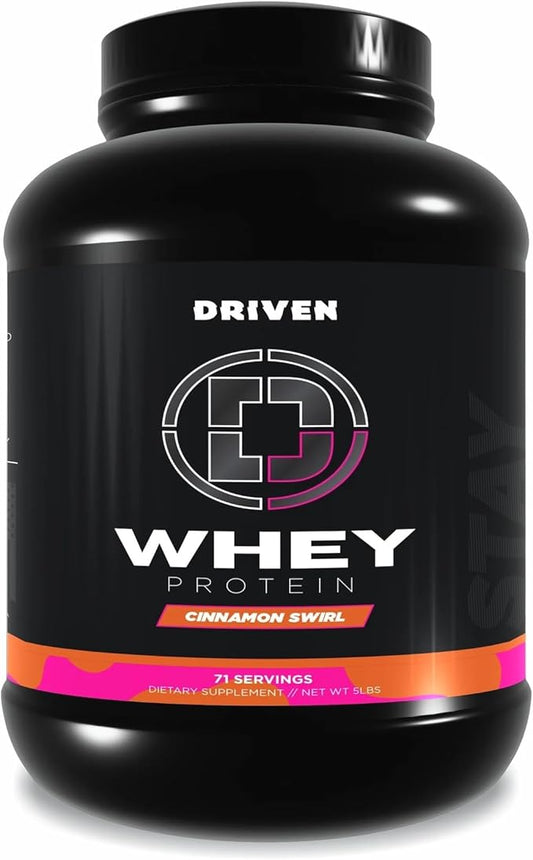 Driven WHEY- Grass Fed Whey Protein Powder: Delicious, Clean Protein Shake- Improve Muscle Recovery with 23 Grams of Protein with Added BCAA and Digestive Enzymes (5 lb, Cinnamon Roll)