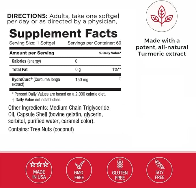 3 Pack HydroCurc Turmeric Curcumin Softgels, Highly Bioavailable MCT Oil Nanoparticle for Potency & Absorption, Joint Health, 180 Softgels