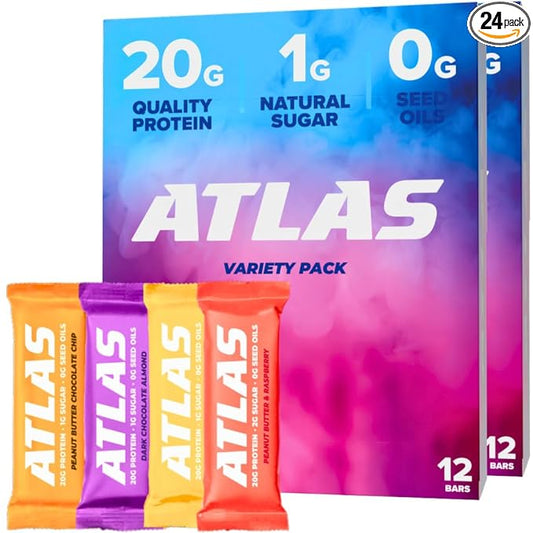 Atlas Protein Bar, 20g Protein, 1g Sugar, Clean Ingredients, Gluten Free (Whey Variety, 12 Count (Pack of 2))