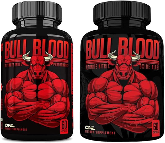 Bull Blood Testosterone Booster & Nitric Oxide Supplement for Men – Maca Root, Tribulus, Tongkat Ali & L-Arginine – Stamina & Vitality Support – 60 Ct Each