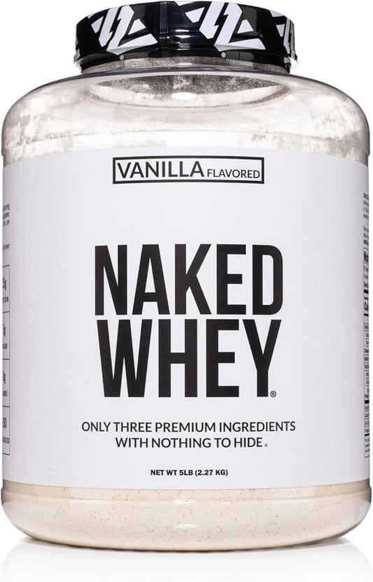 Naked Vanilla Whey Protein Powder - All Natural Grass Fed Whey Protein Powder, Vanilla Flavor, Organic Coconut Sugar, 5Lb Bulk, GMO-Free, Soy Free, Gluten Free - 61 Servings