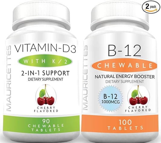 Chewable Vitamin D3 with K2 & Chewable Vitamin B12 1000 mcg Energy and Immune Support Bundle