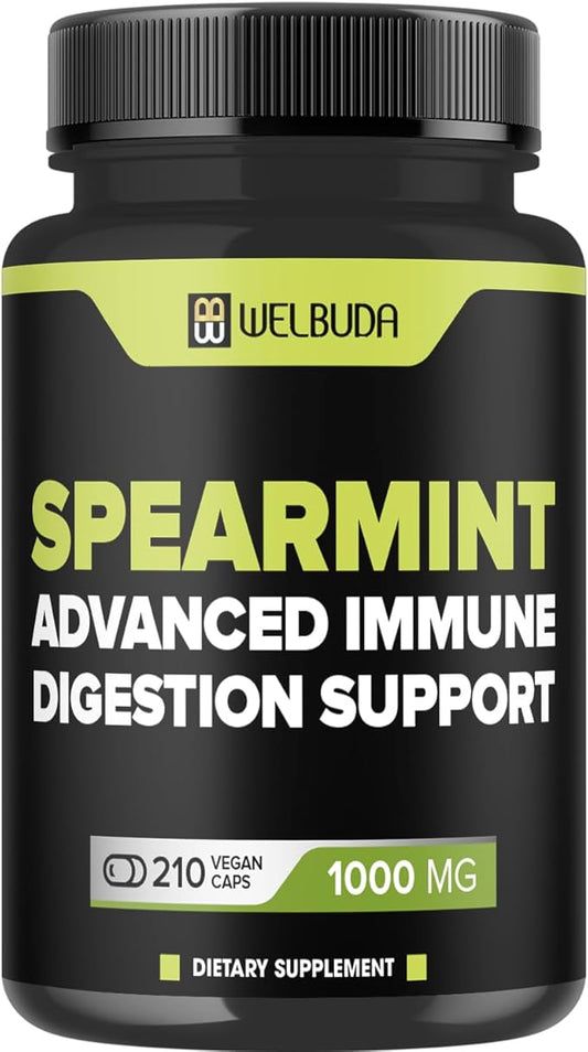 210 Capsules - Spearmint Supplement with Olive Leaf, Ginger Root, Black Pepper & More - Combined Formula for Digestion Health, Respiratory Health, Immunity & Positive Mood Support