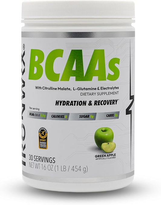 BCAA Powder | Green Apple Flavor | 30 SERVINGS | Zero Sugar | 2:1:1 Leucine, Valine, and Isoleucine Ratio with Citrulline Malate and L-Glutamine | Muscle Growth, Recovery, and Soreness Support