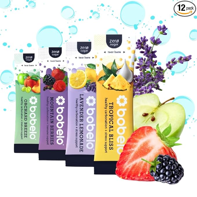 BOBELO CARBONATION Flavor Packets - Trial Pack, 3 of Each Flavor, Tropical Bliss, Mountain Berries, Lavender Lemonade & Orchard Breeze, Self Carbonating Hydration Electrolyte Drink Mix, Real Fruit