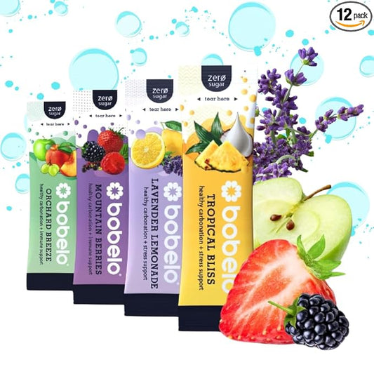 BOBELO CARBONATION Flavor Packets - Trial Pack, 3 of Each Flavor, Tropical Bliss, Mountain Berries, Lavender Lemonade & Orchard Breeze, Self Carbonating Hydration Electrolyte Drink Mix, Real Fruit