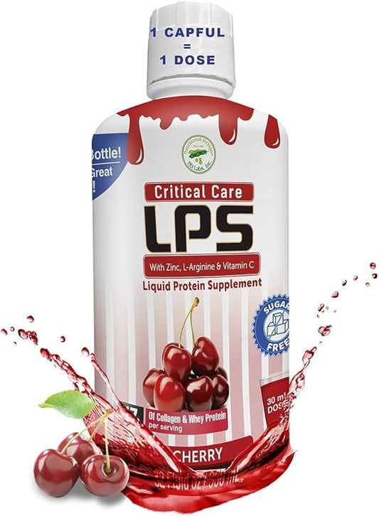 Nutritional Designs LPS Liquid Collagen & Whey Protein Supplement - Sugar-Free Non-GMO Drink - Promotes Healthy Skin & Hair for Men & Women (Cherry, Critical Care)