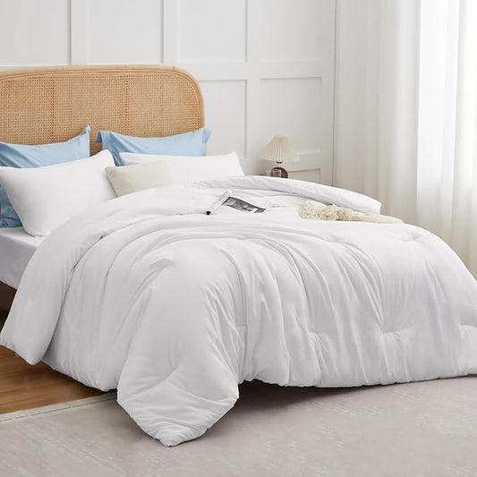CozyLux White Comforter Set Full Size, 3 Pieces Solid Breathable Quilted Boho Style Bedding Sets, Luxury Fluffy Soft Microfiber Comforter for All Season(1 Comforter & 2 Pillowcases)