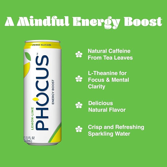 PHOCUS Energy Drink, Lemon Lime Sparkling Water, 75mg Natural Caffeine Plus L-Theanine, Zero Sugar, Zero Calories, No Artificial Sweeteners, 11.5 fl oz Cans (Pack of 12)