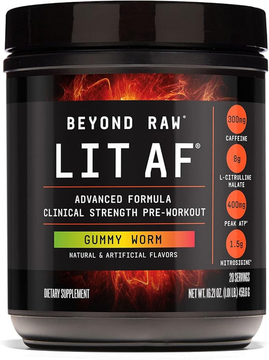 BEYOND RAW LIT Advanced Pre-Workout Formula, Gummy Worm, for Energy, Focus, Endurance, Pumps, with 300mg Rapid and Targeted Release Caffeine, Creatine, Betaine, Beta Alanine, Taurine, 20 Servings