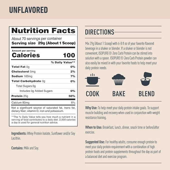 Isopure Zero Carb 100% Pure Whey Isolate Protein Powder, Lactose Free, Gluten Free, with Vitamins, Unflavored, 25g Protein Per Serving, 4.5 Lbs, 50 Servings