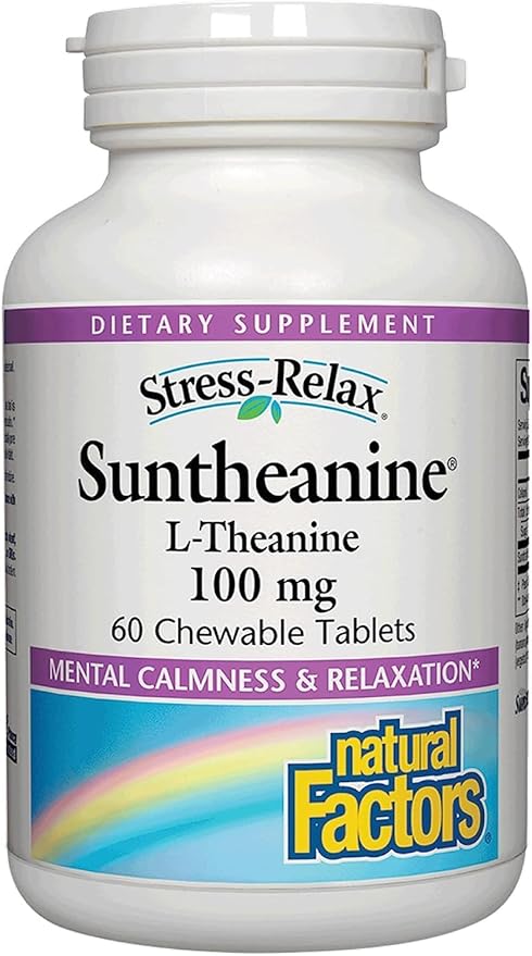 Natural Factors Stress-Relax Chewable Suntheanine L-Theanine 100 mg, Non-Drowsy Stress Support for Mental Calmness and Relaxation, Tropical Fruit Flavor, 60 Tablets
