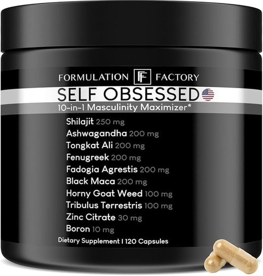 Self Obsessed 10 in 1 Masculinity Maximizer Supplement, Shilajit for Men, Tongkat Ali, Ashwaganda, Fenugreek Muscle Growth, Energy Management, Drive, Strength, Recovery 1-month supply (Pack of 1)