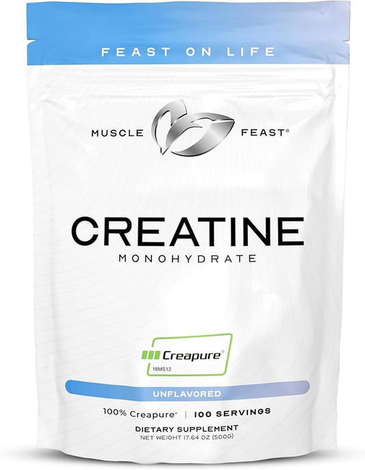 Muscle Feast Creapure Creatine Monohydrate Powder, Vegan Keto Friendly Gluten-Free Easy to Mix, Mass Gainer, Muscle Recovery Supplement and Best Creatine for Muscle Growth, Unflavored, 500g