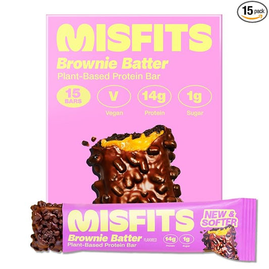 Misfits Vegan Protein Bars, Brownie Batter - Updated Recipe | Plant Based, Low Sugar & Carb, High Fiber Snacks | Pack of 15