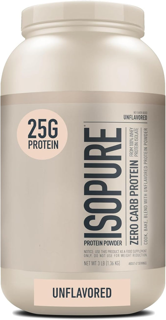 Isopure Zero Carb 100% Pure Whey Isolate Protein Powder, Lactose Free, Gluten Free, With Vitamins, Unflavored, 25g Protein Per Serving, 3 Lbs, 47 Servings