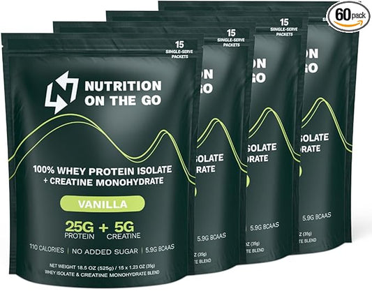 Vanilla Whey Protein Powder with Creatine – 25g Protein, 5g Creatine – Single-Serve Packets for Travel, Gym, and On The Go – Easy Mix, Gluten-Free (60-Pack)