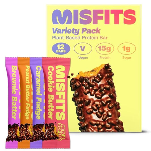Misfits Vegan Protein Bars - Updated Recipe | Plant Based, Low Sugar & Carb, High Fiber Snacks | Variety Pack of 12 (4 Flavors)