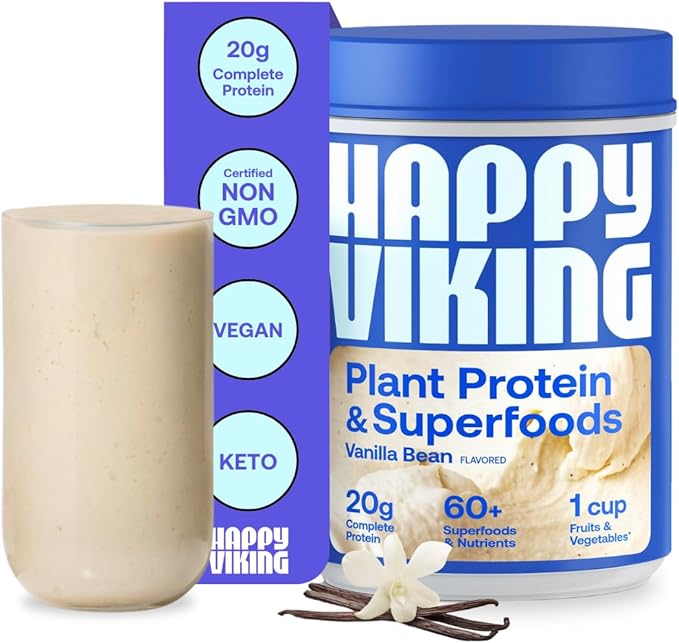 Happy Viking Vanilla Plant Protein Powder, Created by Venus Williams, 20G Protein, Low Carb, Keto, Vegan, Gluten-Free, Non-GMO, Superfoods, Complete Meal Replacement, 1 Canister (24 oz.)