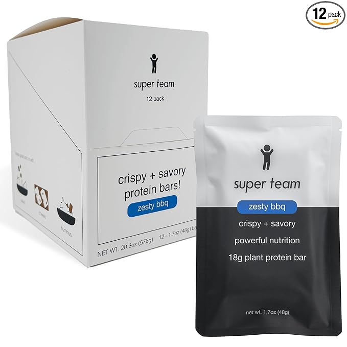 Super Team Savory + Crispy Protein Bars - Zesty BBQ - 12-Count Snack Bars - High Protein (18g), High Fiber (7g), Low Sugar (1g) - Gluten Free, Nut Free, Soy Free, Vegan Plant Based Meal Replacement