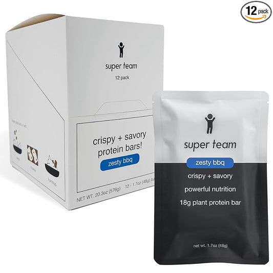Super Team Savory + Crispy Protein Bars - Zesty BBQ - 12-Count Snack Bars - High Protein (18g), High Fiber (7g), Low Sugar (1g) - Gluten Free, Nut Free, Soy Free, Vegan Plant Based Meal Replacement