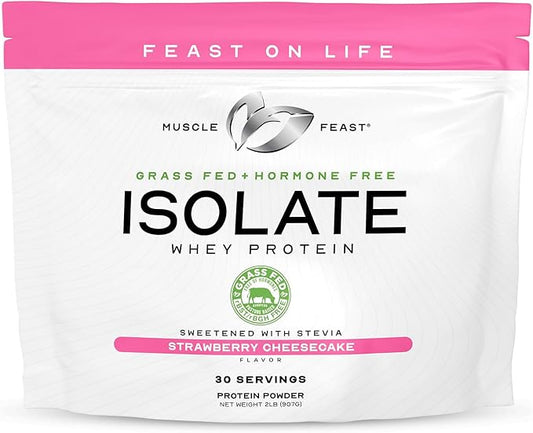 Muscle Feast Grass-Fed Whey Protein Isolate, All Natural Hormone Free Pasture Raised, Strawberry Cheesecake, 2lb