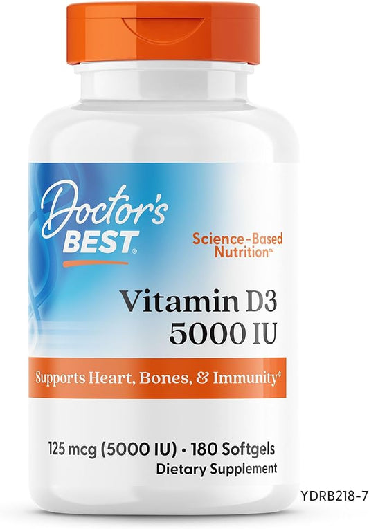 Doctor's Best Vitamin D3 5000IU, Non-GMO, Gluten & Soy Free, Regulates Immune Function, Supports Healthy Bones, White, No Flavour, 180 Count