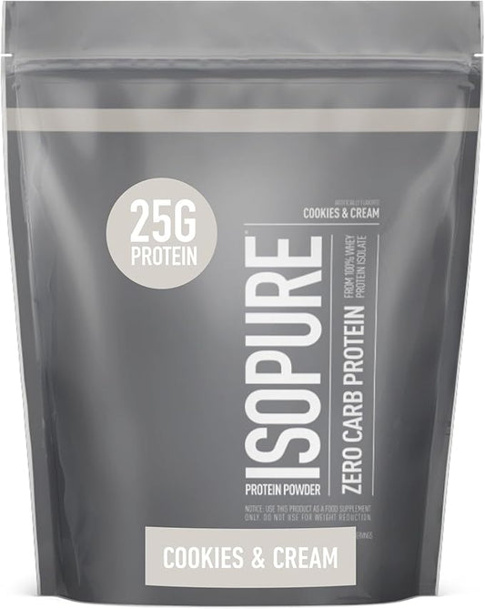 Isopure Zero Carb 100% Pure Whey Isolate Protein Powder, Lactose Free, Gluten Free, With Vitamins, Cookies & Cream, 25g Protein Per Serving, 1 Lb, 15 Servings