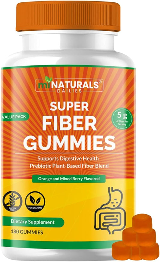 Prebiotic Fiber Supplement Gummies | Value Pack - 180 ct | 5 g per Gummy | Plant Based Digestive Gut Cleansing | Orange & Mixed Berry
