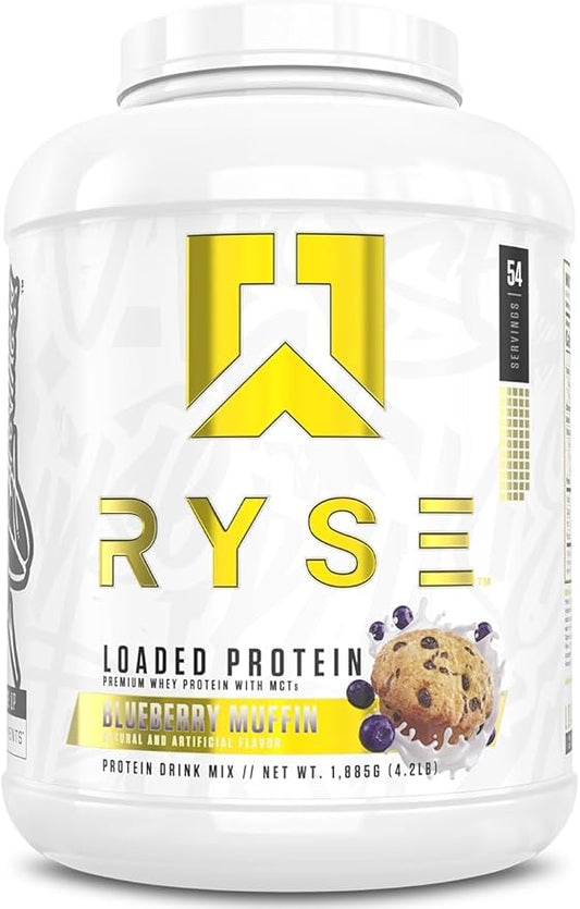 Ryse Loaded Protein Powder - Blueberry Muffin - 25g Whey Protein Isolate & Concentrate with Prebiotic Fiber & MCTs - Low Carb, Low Sugar, Digestive-Friendly - 54 Servings / 4 lb Tub