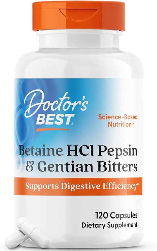 Doctor's Best Betaine HCI Pepsin & Gentian Bitters, Digestive Enzymes for Protein Breakdown & Absorption, Non-GMO, Gluten Free, 120 Caps, Original Version
