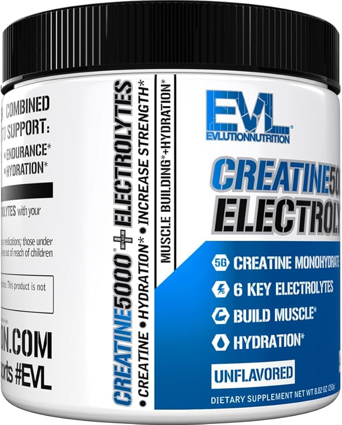 Evlution Nutrition Creatine 5000 + Electrolytes - Supports Faster Recovery, Lean Muscle Growth & Hydration - 5g Creatine Monohydrate & 6 Key Electrolytes Per Serving - 40 Servings - Unflavored Powder