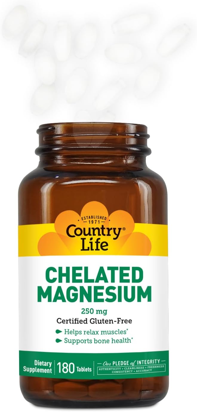 Country Life Chelated Magnesium 250mg - Supports Heart, Bone & Muscle Health, Vegan-Friendly Magnesium Supplement with Magnesium Oxide and Amino Acid Chelate, Gluten-Free