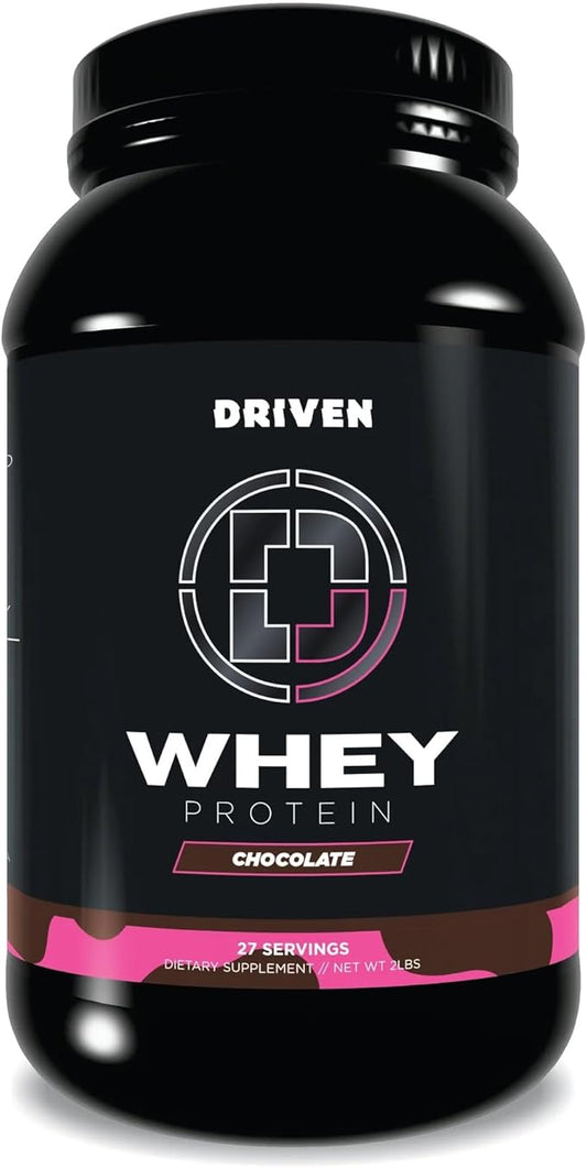 Driven WHEY- Grass Fed Whey Protein Powder: Delicious, Clean Protein Shake- Improve Muscle Recovery with 23 Grams of Protein with Added BCAA and Digestive Enzymes (2 lb, Chocolate Milkshake)