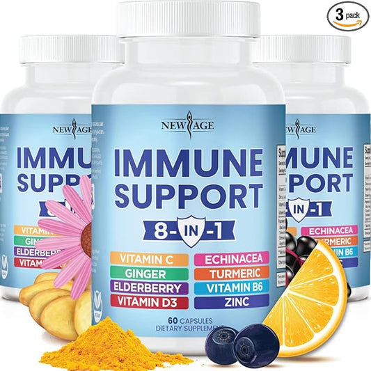 NEW AGE 8 in 1 Immune Support Booster Supplement with Echinacea, Vitamin C and Zinc 50mg, Vitamin D 5000 IU, Turmeric Curcumin & Ginger, B6, Elderberry (8 in 1 Capsules (Pack of 3))