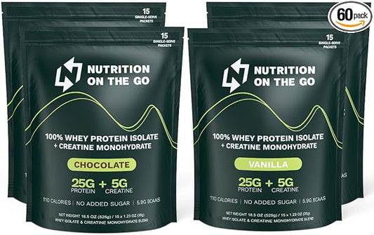 Variety Pack Whey Protein Powder with Creatine – 25g Protein, 5g Creatine – Single-Serve Packets for Travel, Gym, and On The Go – Easy Mix, Gluten-Free (60-Pack)